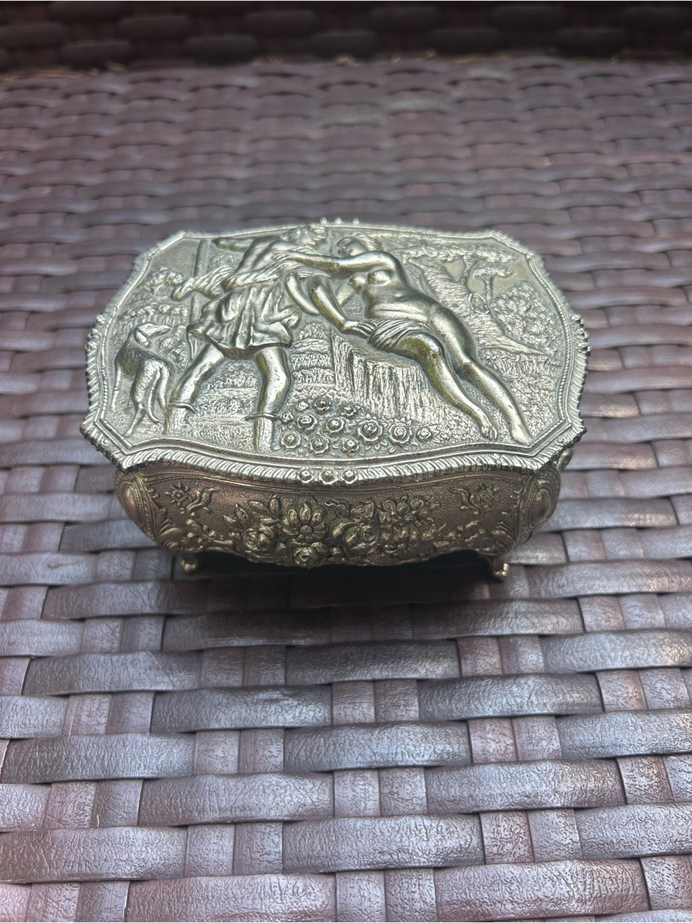 Vintage Jewelry Trinket Box Floral and Nudes silver metal, footed, lined, heavy - Picture 2 of 10